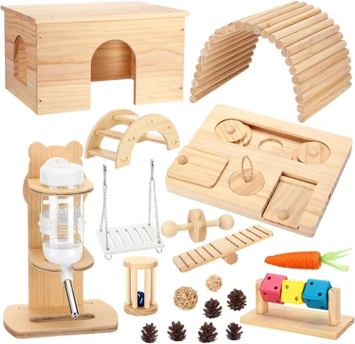 19 Piece Hamster Cage Accessories Toy Set Large 12*9*7 Inch Wood, Multicolour