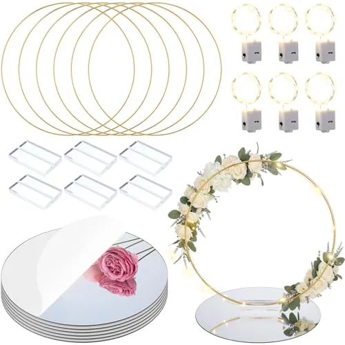 12 Inch Metal Floral Hoop Centerpiece Set Wood Stand, Multicolour