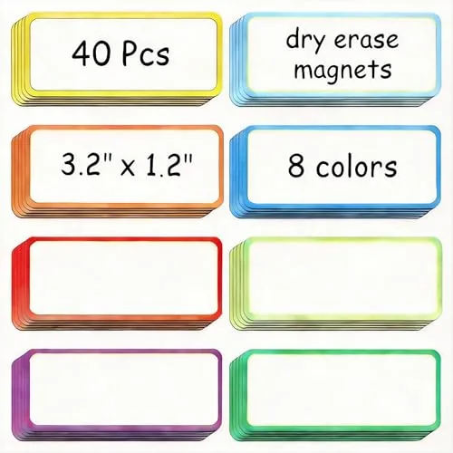 40 Piece Magnetic Dry Erase Labels Name Plate Tags Flexible, Multicolour