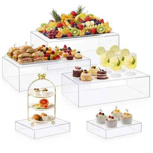 5 Piece Large Buffet Risers Set Rectangle Display Acrylic Box, Clear