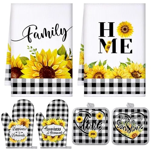 6 Plaid Sunflower Kitchen Towels Oven Mitts and Pot