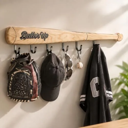 Baseball Bat Wall Mounted Coat Rack Organizer, Wood