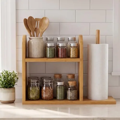 2 Tier Bamboo Spice Rack Organizer, Natural