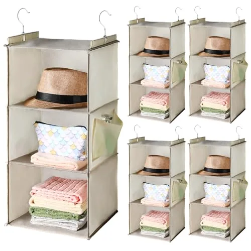 Folding 3 Tier Hanging Closet Organizer Foldable 3 Shelf Closet, Beige
