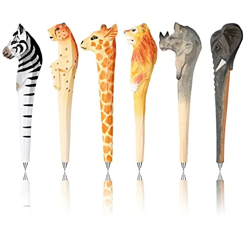 6 Piece Wood Carved Animal Pen Back to School Gift Lion Leopard
